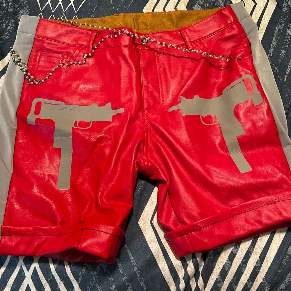 Red Leather Shorts with Gun Design